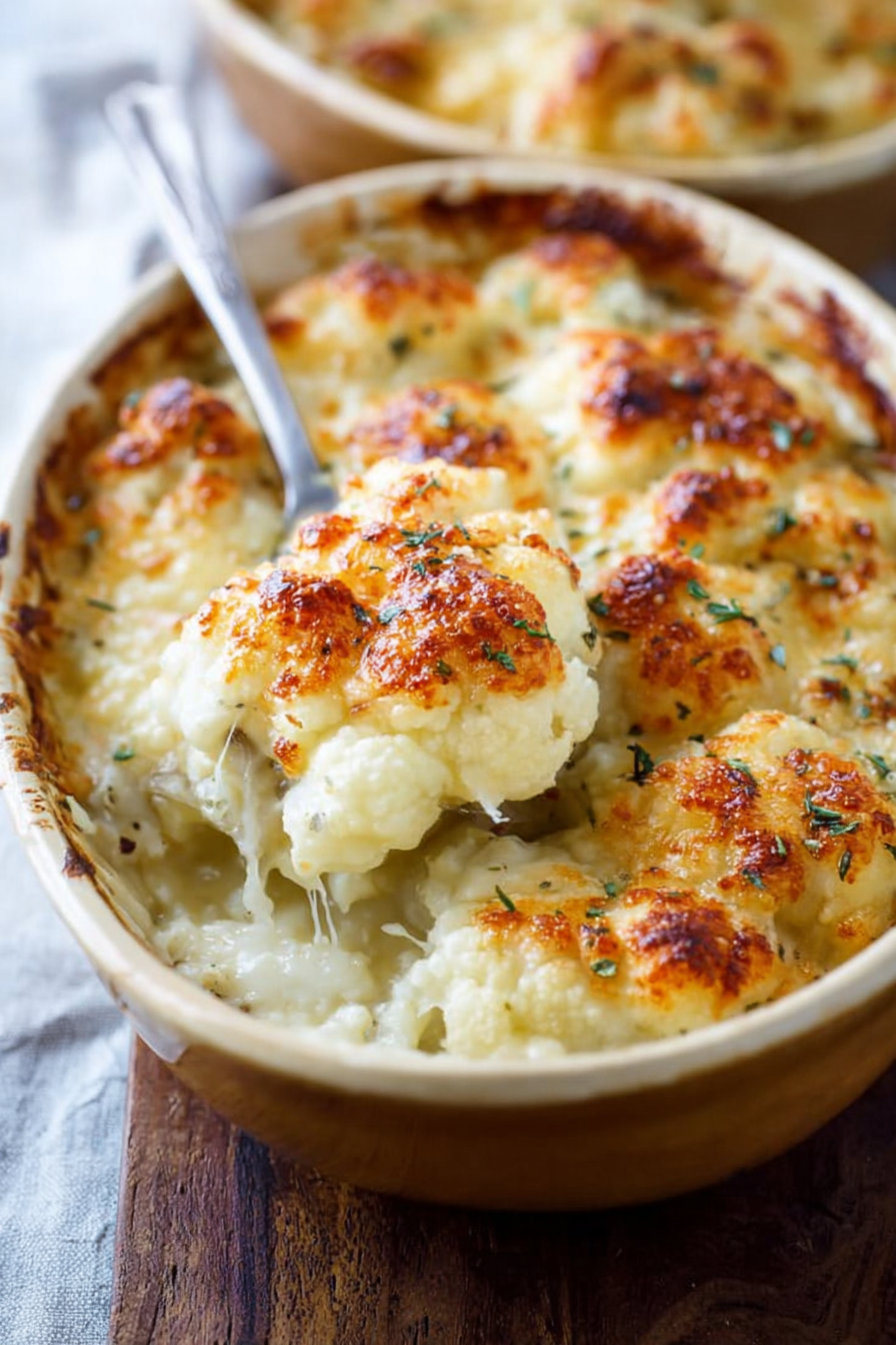 Cheesy cauliflower in a baking dish with golden topping