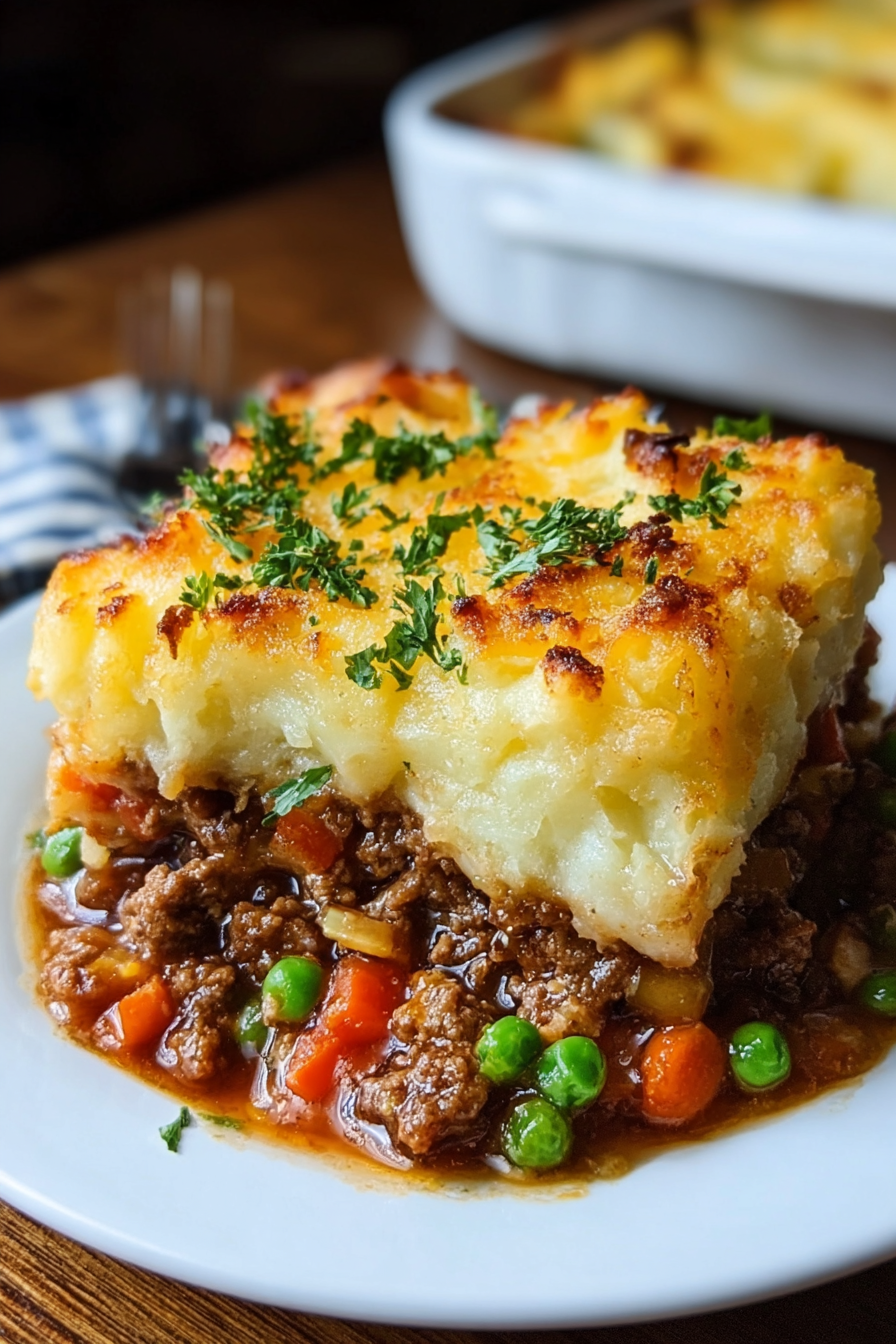 Close up of potato topping and golden edges