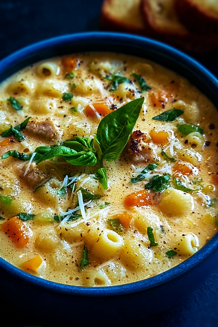 A steaming bowl of creamy ditalini chicken soup, topped with parsley