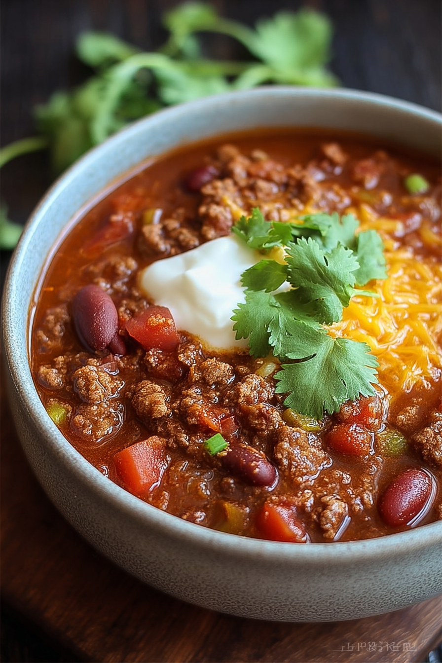 Bowl of chili topped with cheese and cilantro