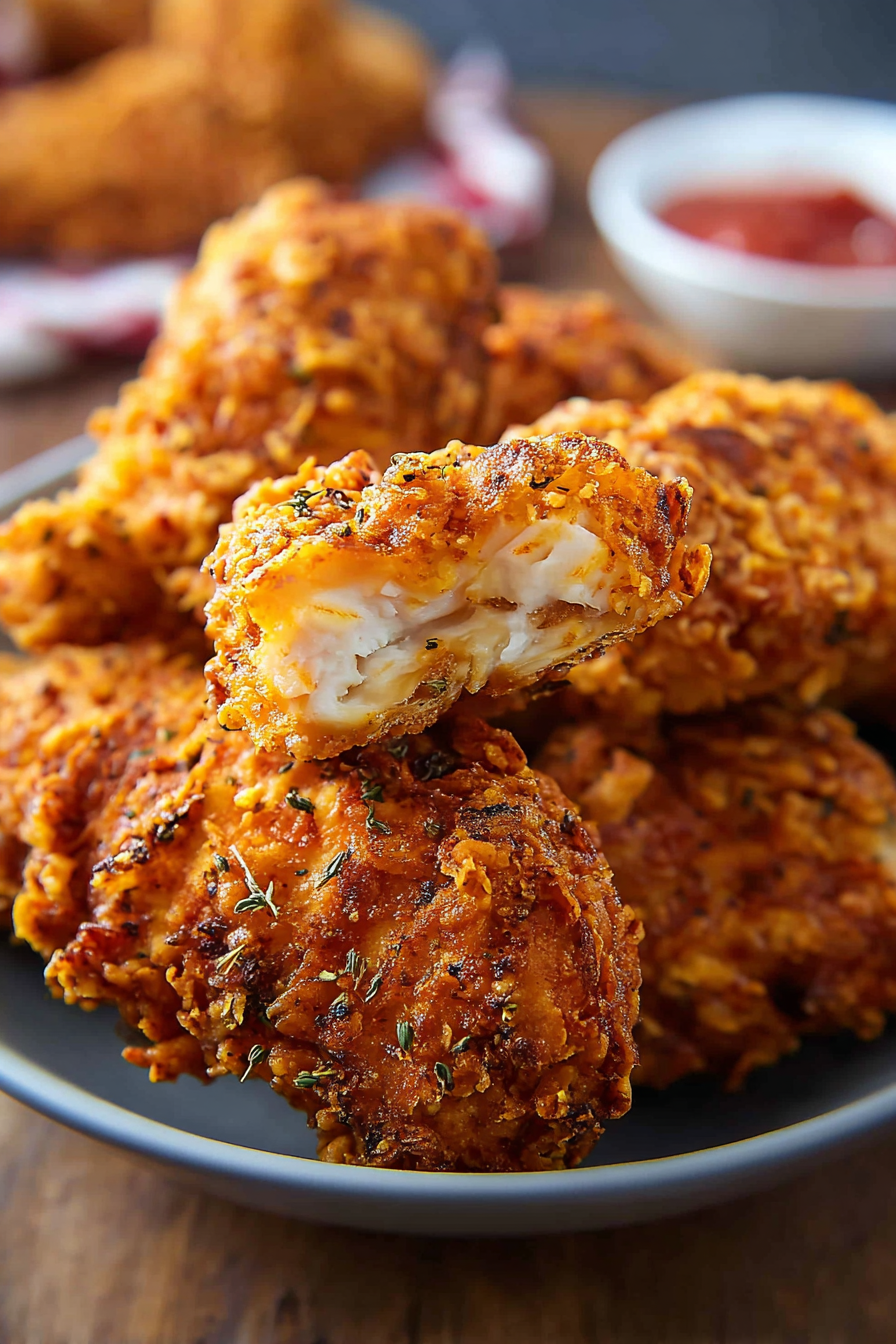 Golden fried chicken pieces on a wire rack