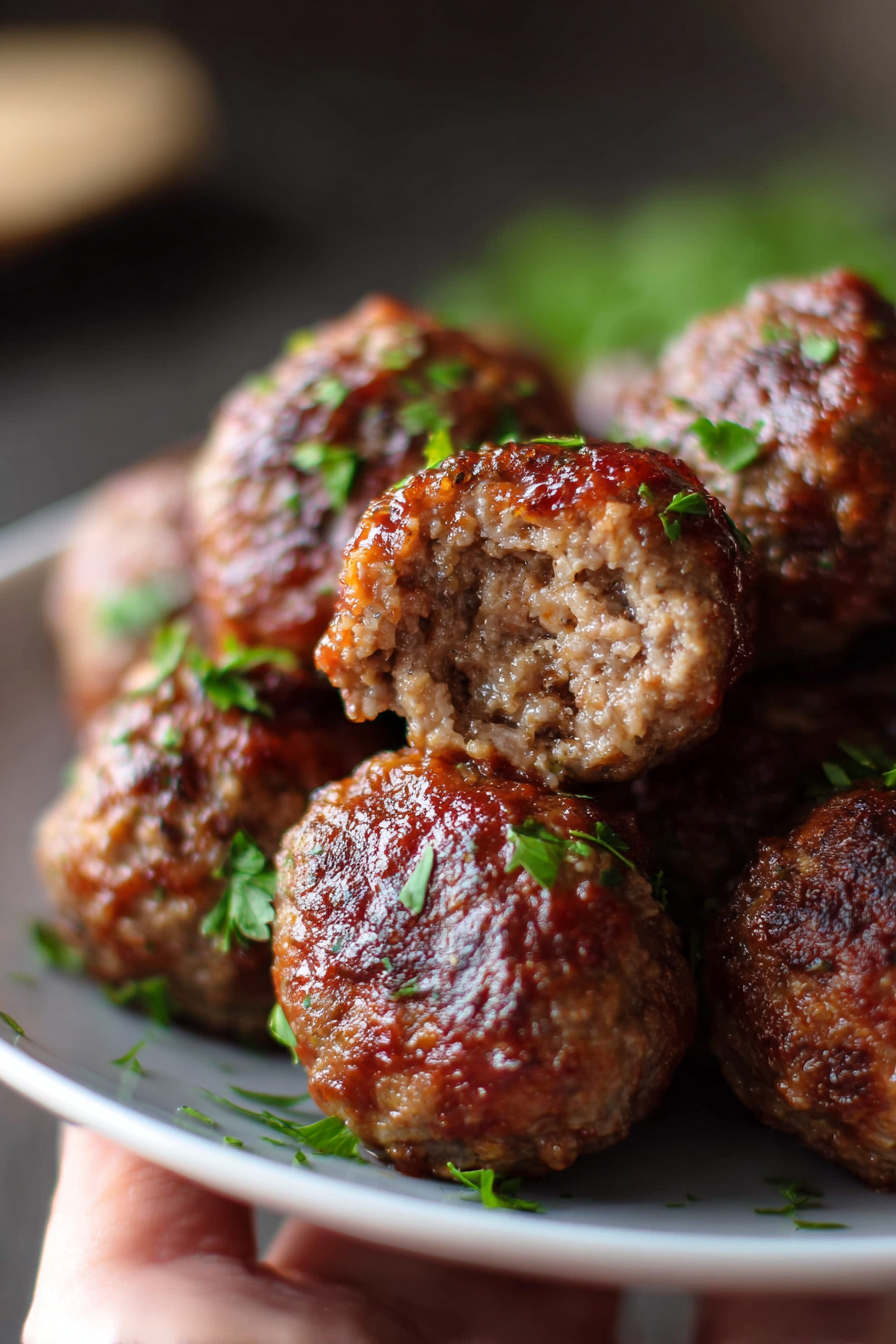 Meatballs served with tomato sauce and garnish
