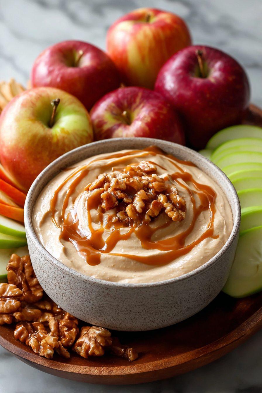 Caramel Apple Dip - creamy in a bowl with apple slices