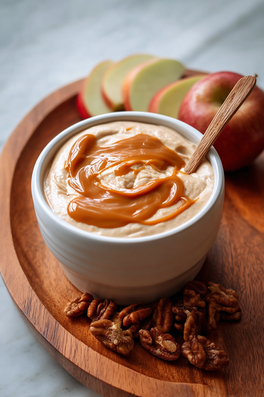 Caramel dip with pecans and apple slices