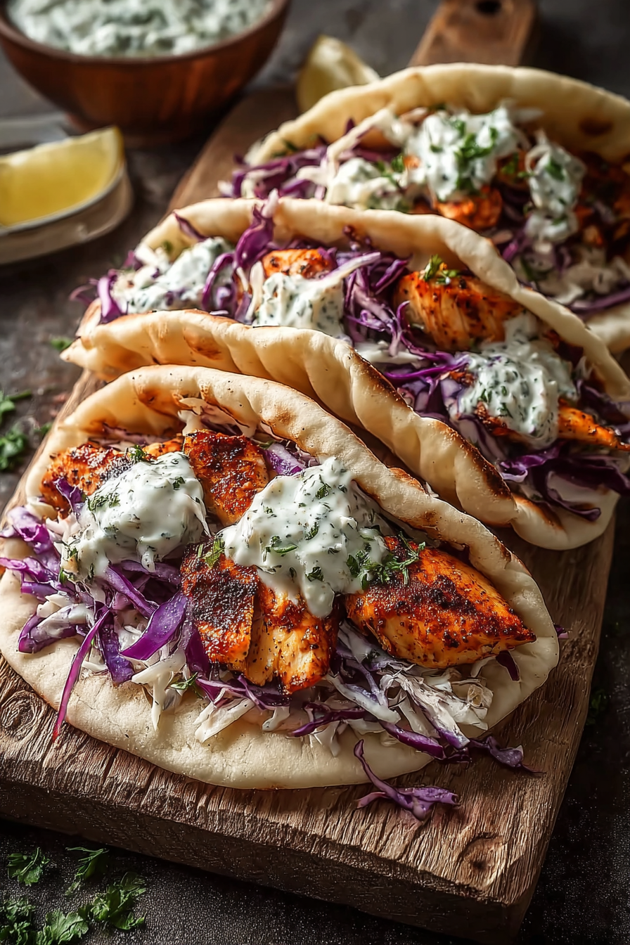 Grilled chicken sliced and ready to fill pitas