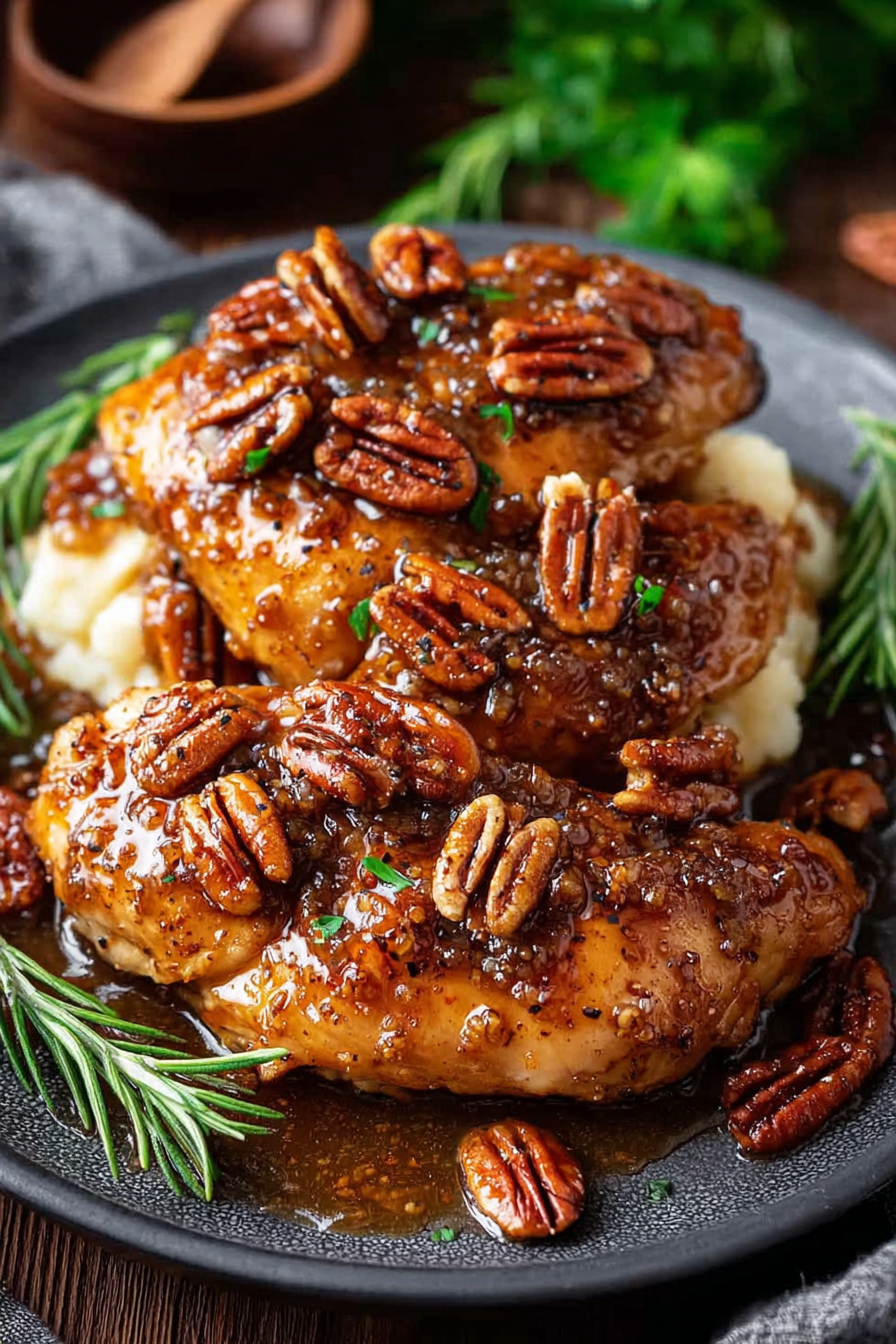 Maple Bourbon Pecan Chicken in baking dish