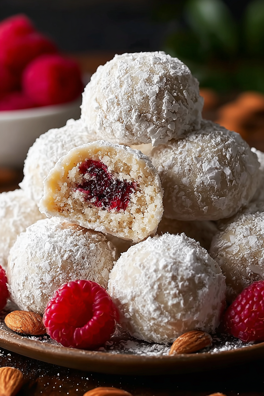 Close-up of a snowball cookie with raspberry center