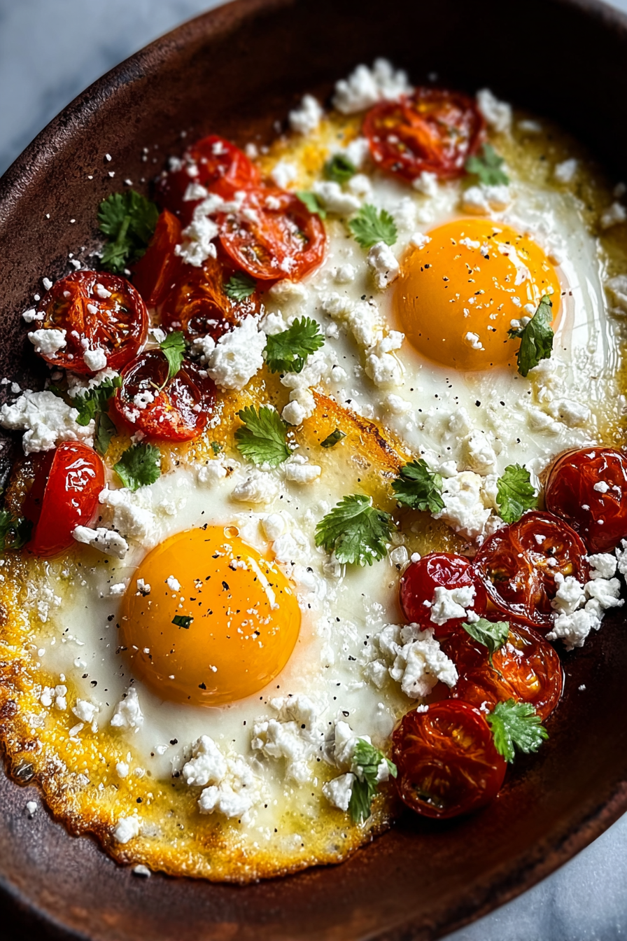 Two crispy feta fried eggs in skillet