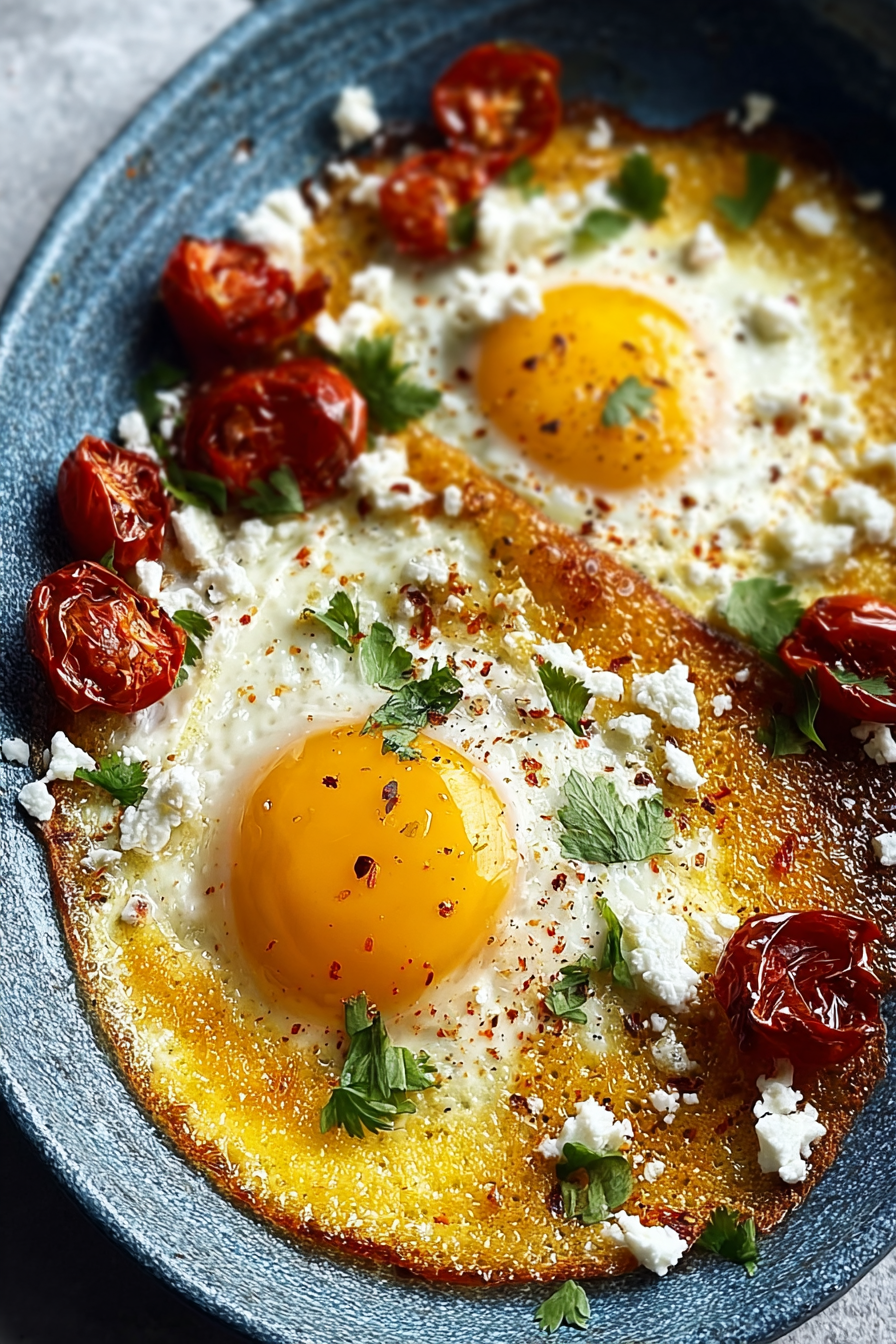 Crispy edges of feta with runny egg yolk