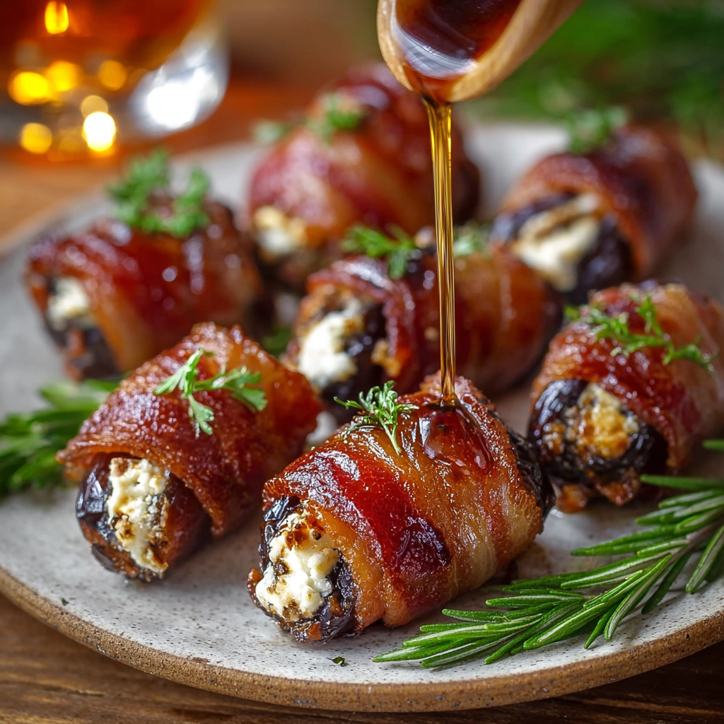 Bacon Wrapped Dates Stuffed with Goat Cheese and Drizzled with Maple Syrup
