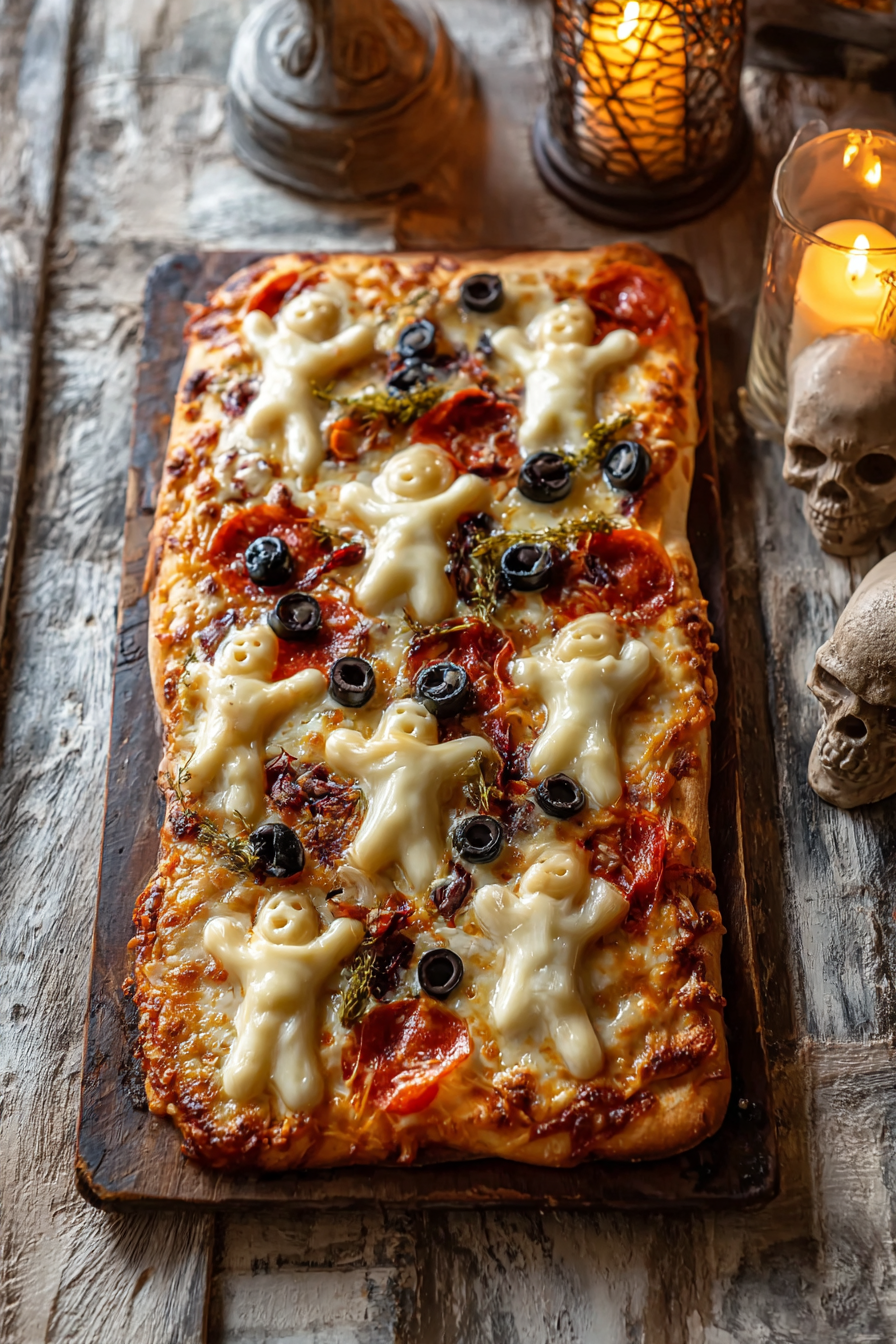 Cemetery flatbread with mozzarella ghosts and olive gravestones
