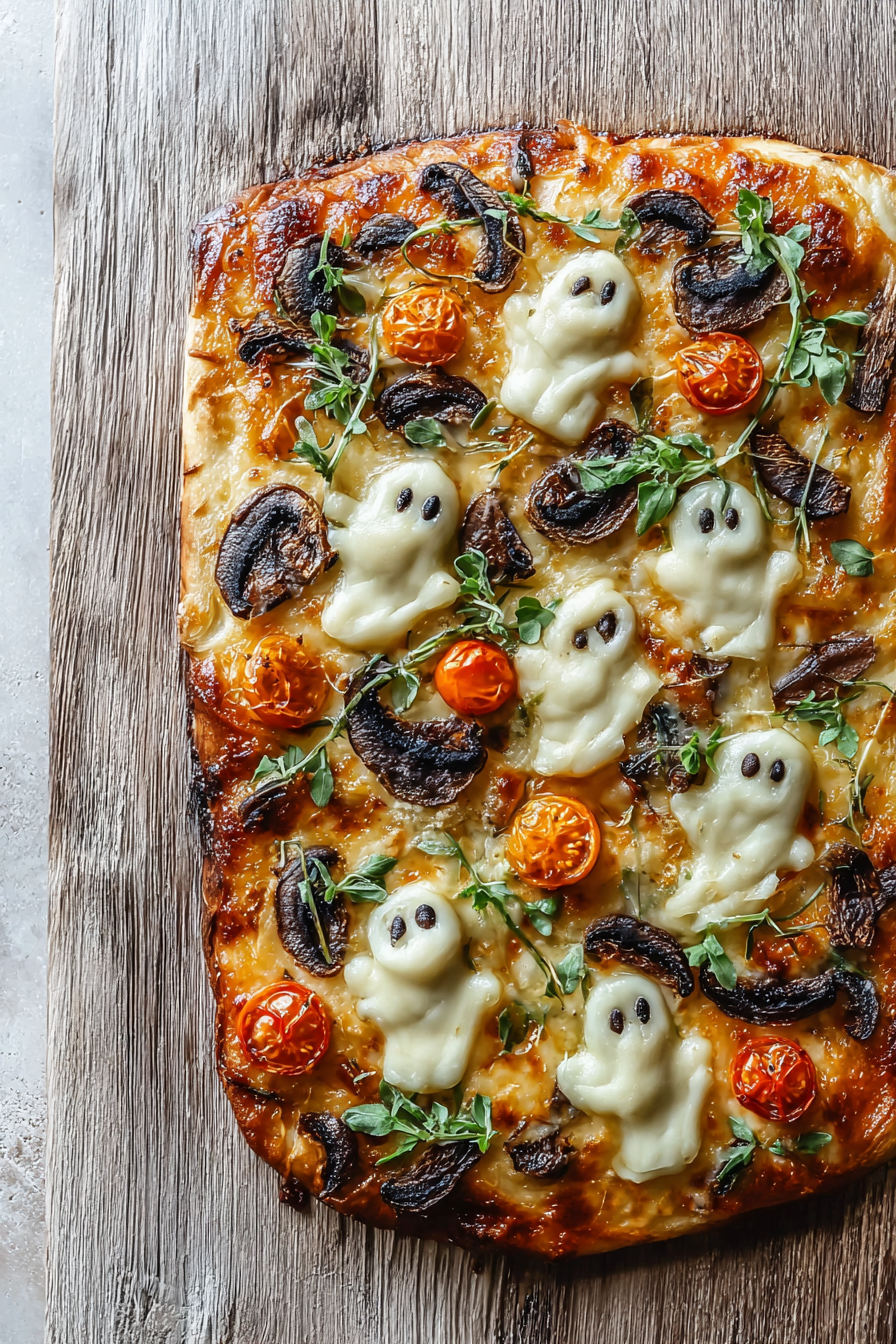 Cemetery flatbread pizza with mozzarella ghosts and olive gravestones