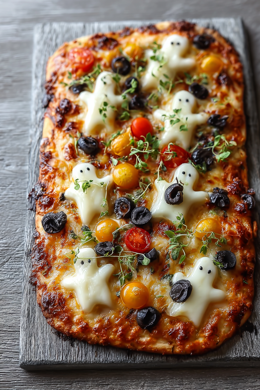 Close up of mozzarella ghost and olive decorations on flatbread