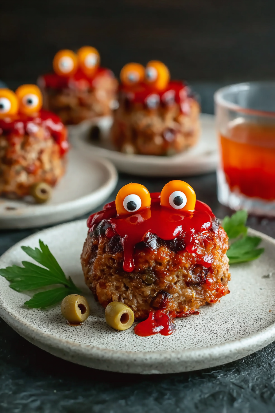 Mini Monster Meatloaf on platter with olive eyes