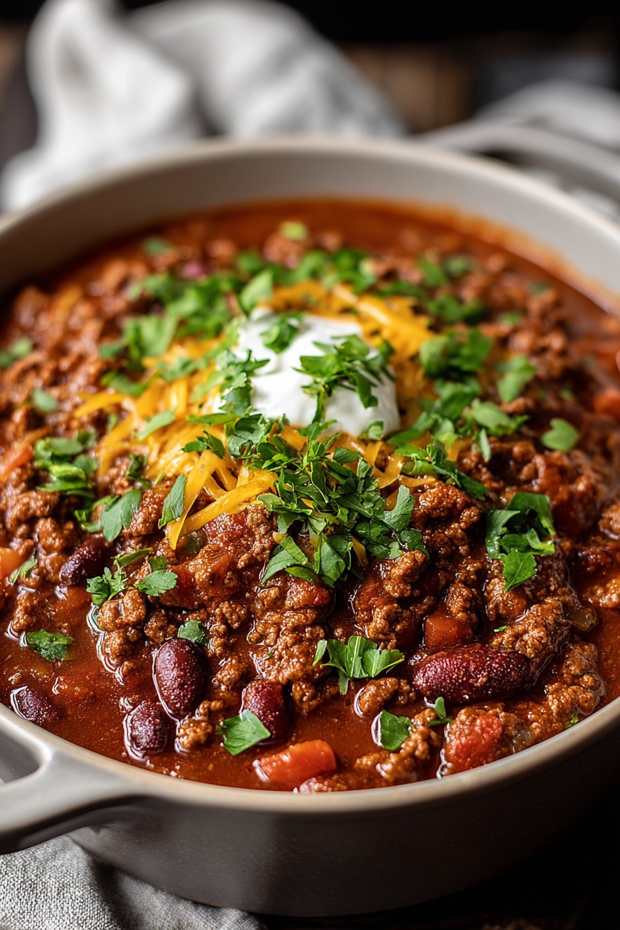 Simmering stovetop chili in a pot