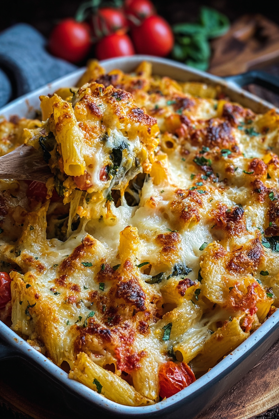 Vegetable pasta bake in baking dish with golden cheese
