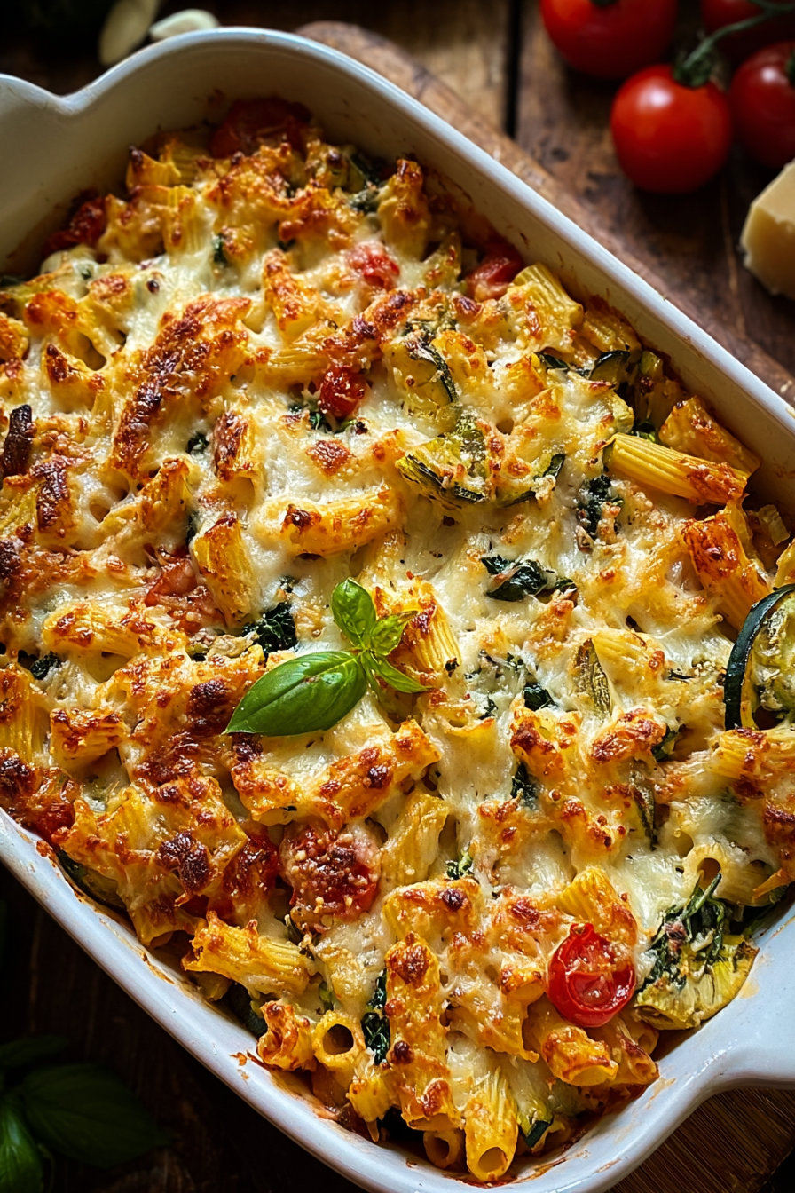 Close up of bubbling cheese on the pasta bake