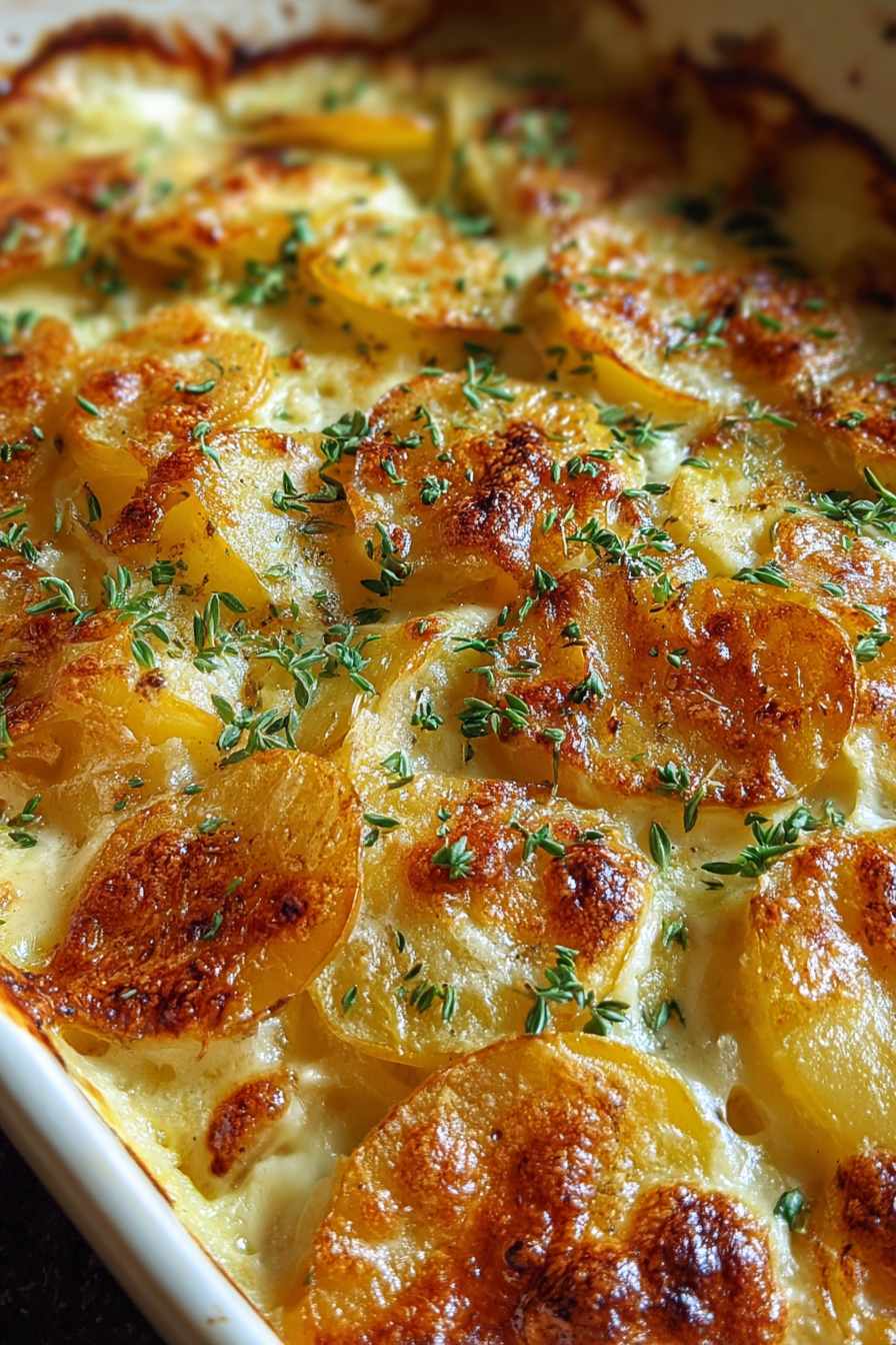 Close up of creamy gratin layers with herbs