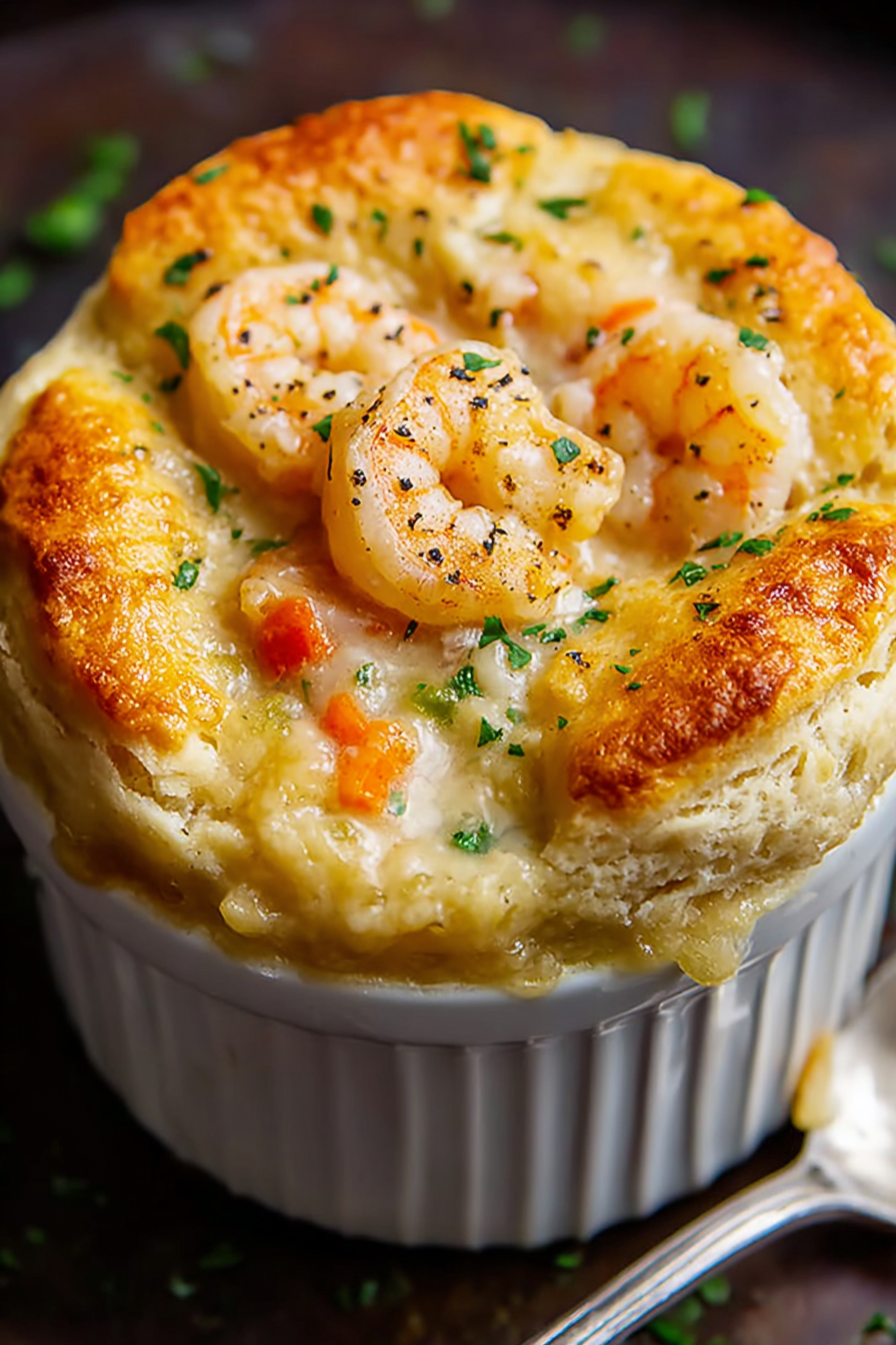 Shrimp and lobster pot pie with golden cheddar bay biscuits