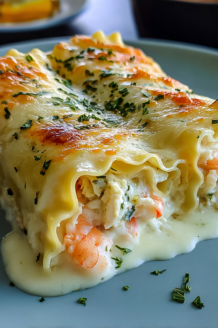 Seafood lasagna roll ups fresh from the oven
