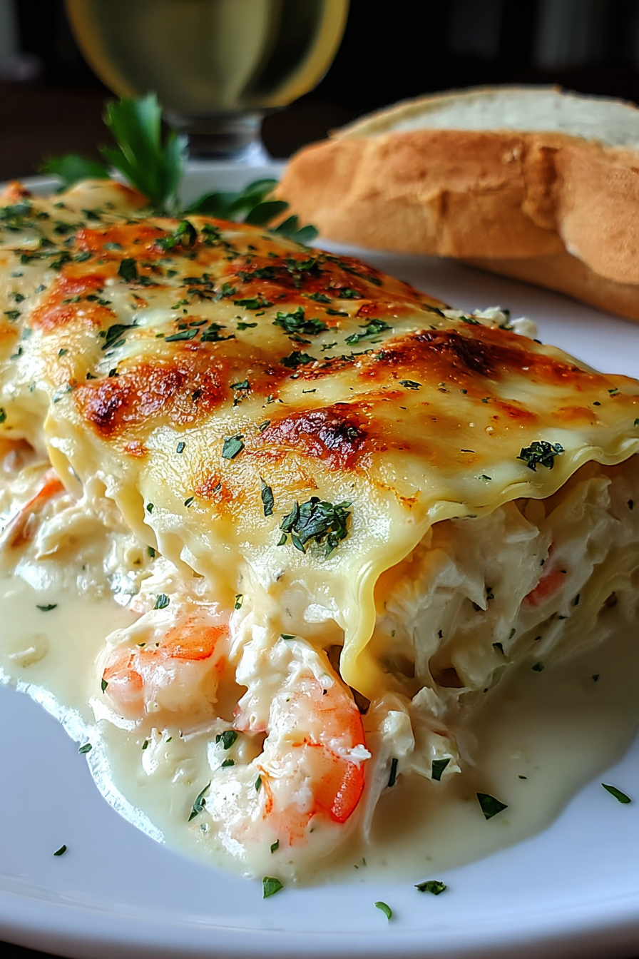 Close up of a roll up showing ricotta and seafood filling