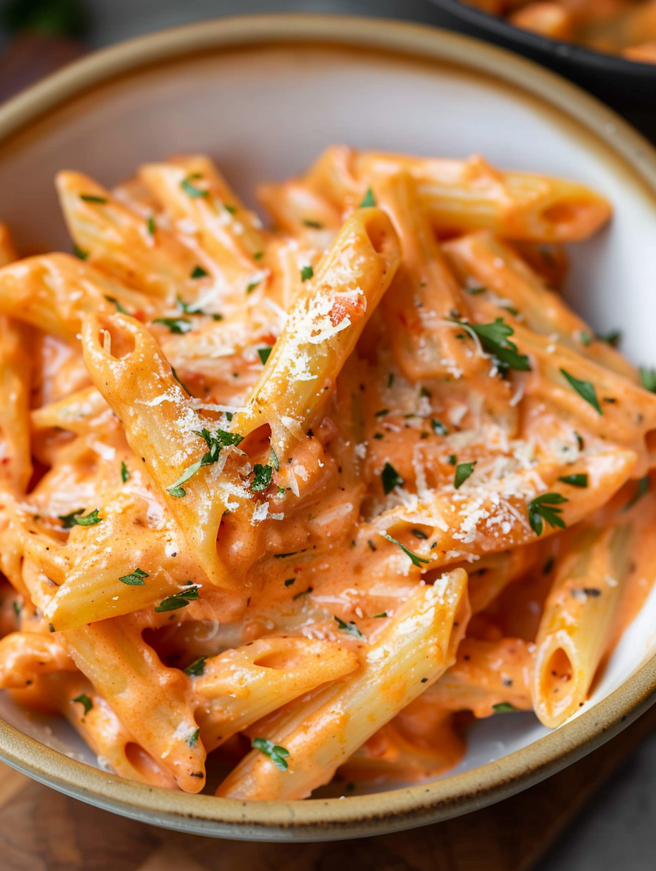 Creamy tomato garlic pasta in skillet