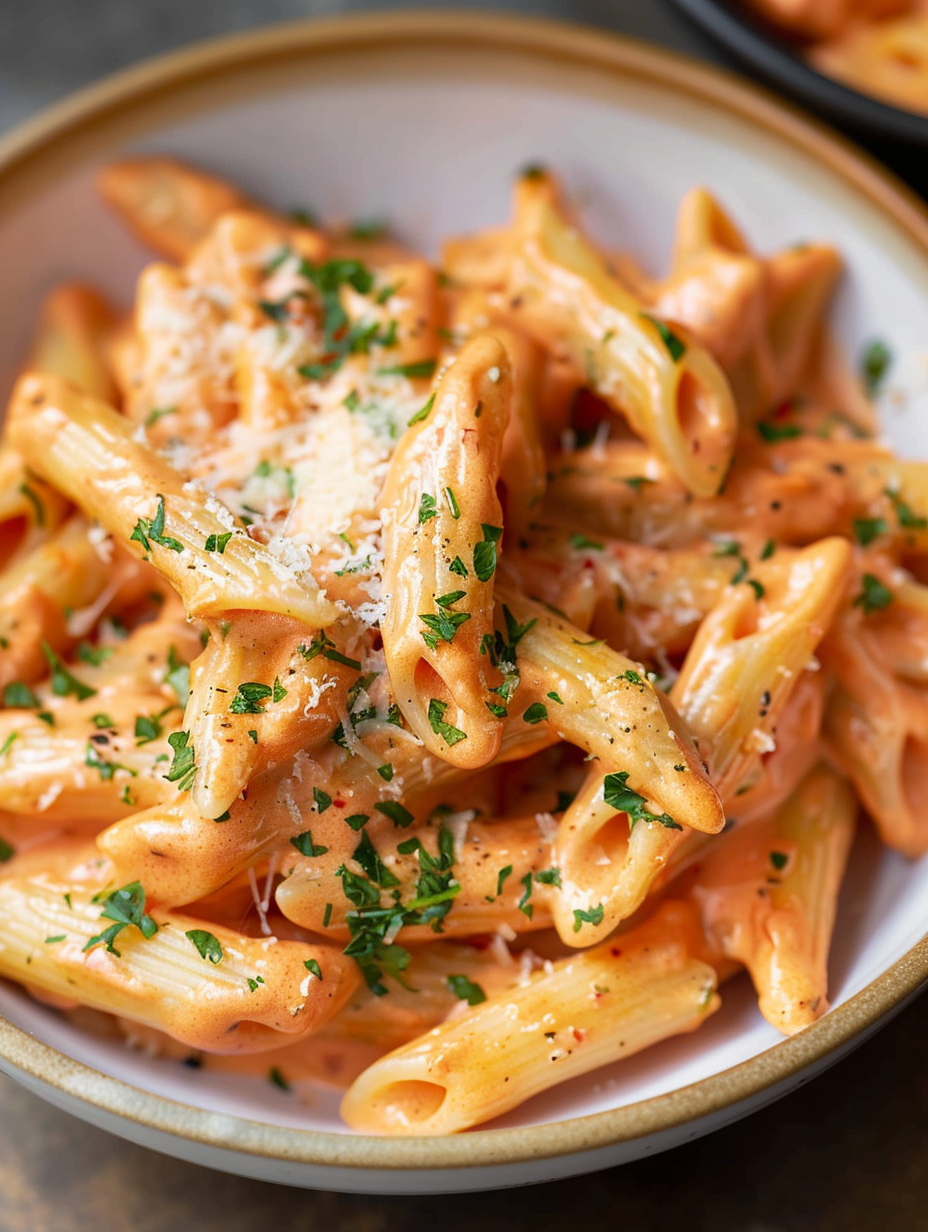 Plated creamy tomato garlic pasta with basil garnish