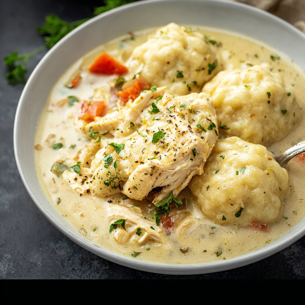 Finished bowl of chicken and dumplings on a table