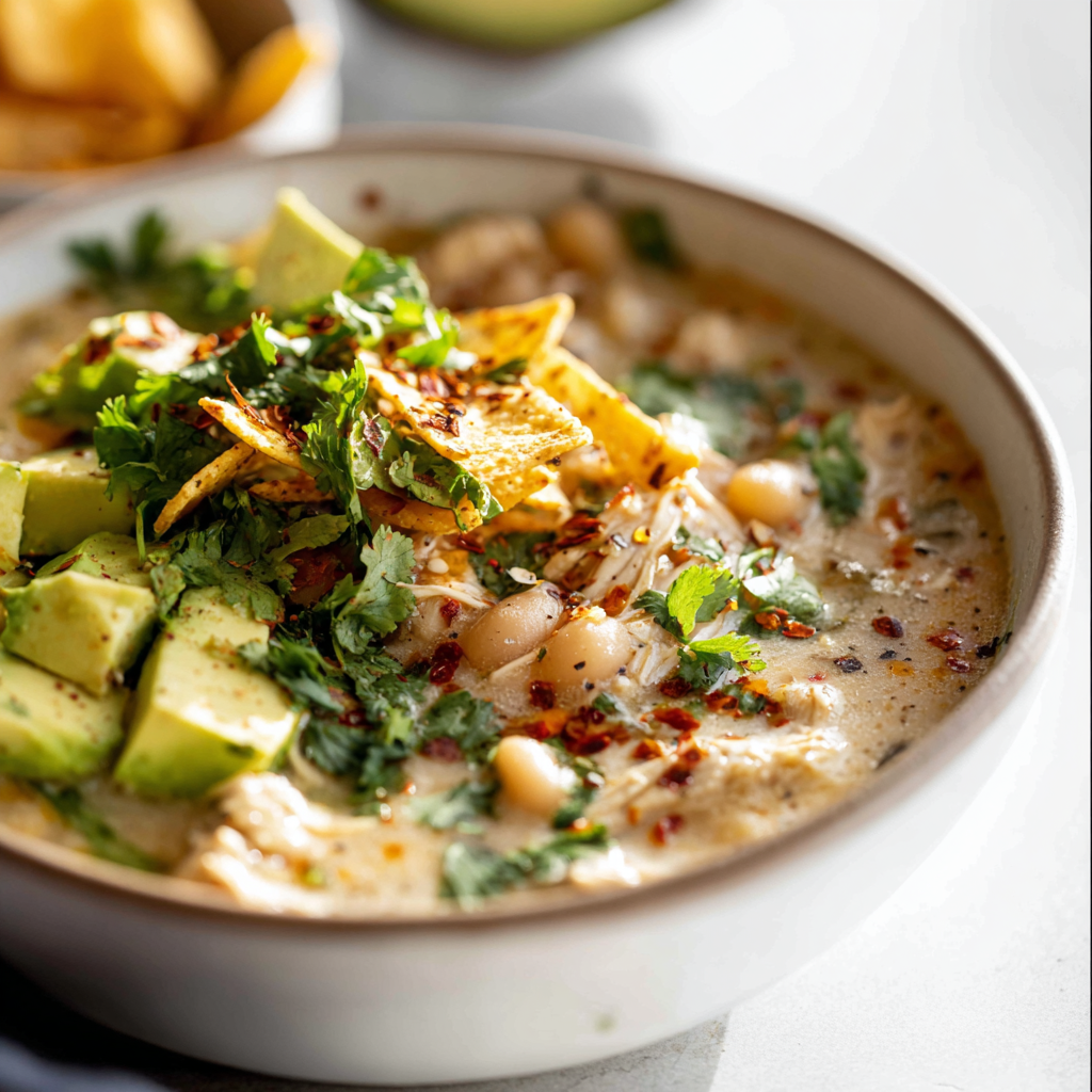 White Bean Chicken Chili in a bowl with avocado and cilantro