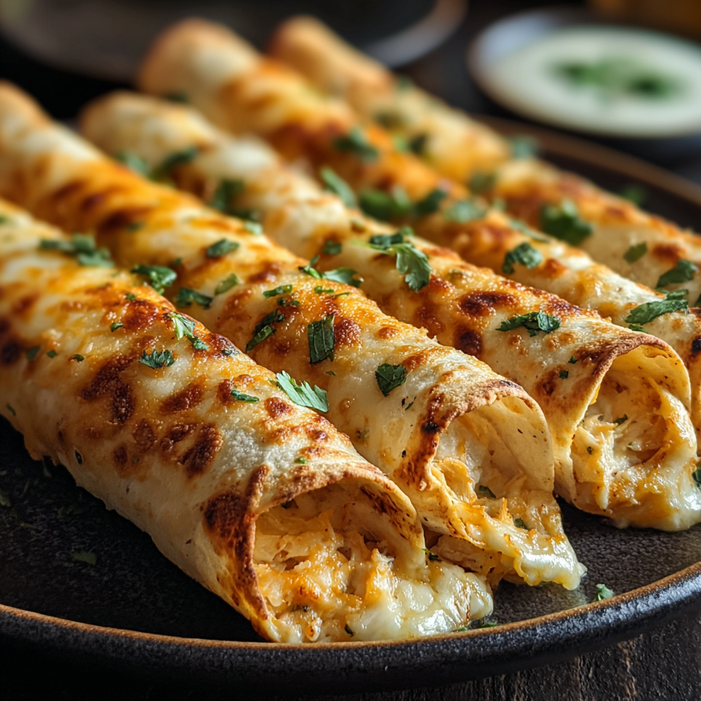 Baked crispy chicken taquitos on a sheet