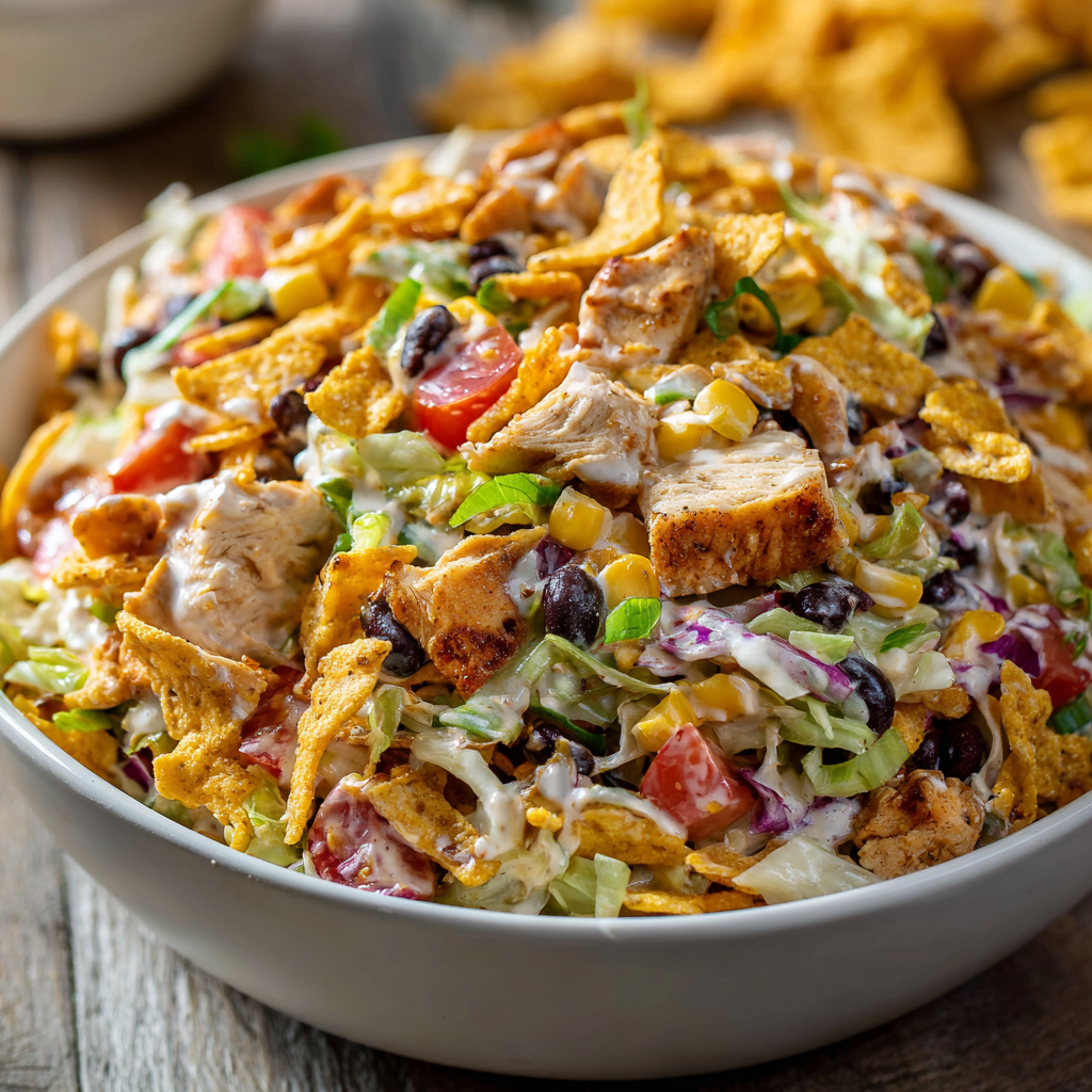 Close up of Chili Cheese Fritos topping the salad
