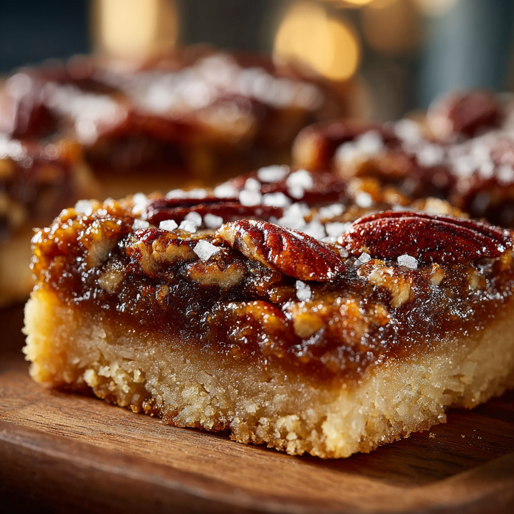 Salted maple pecan pie bars cooling in a pan