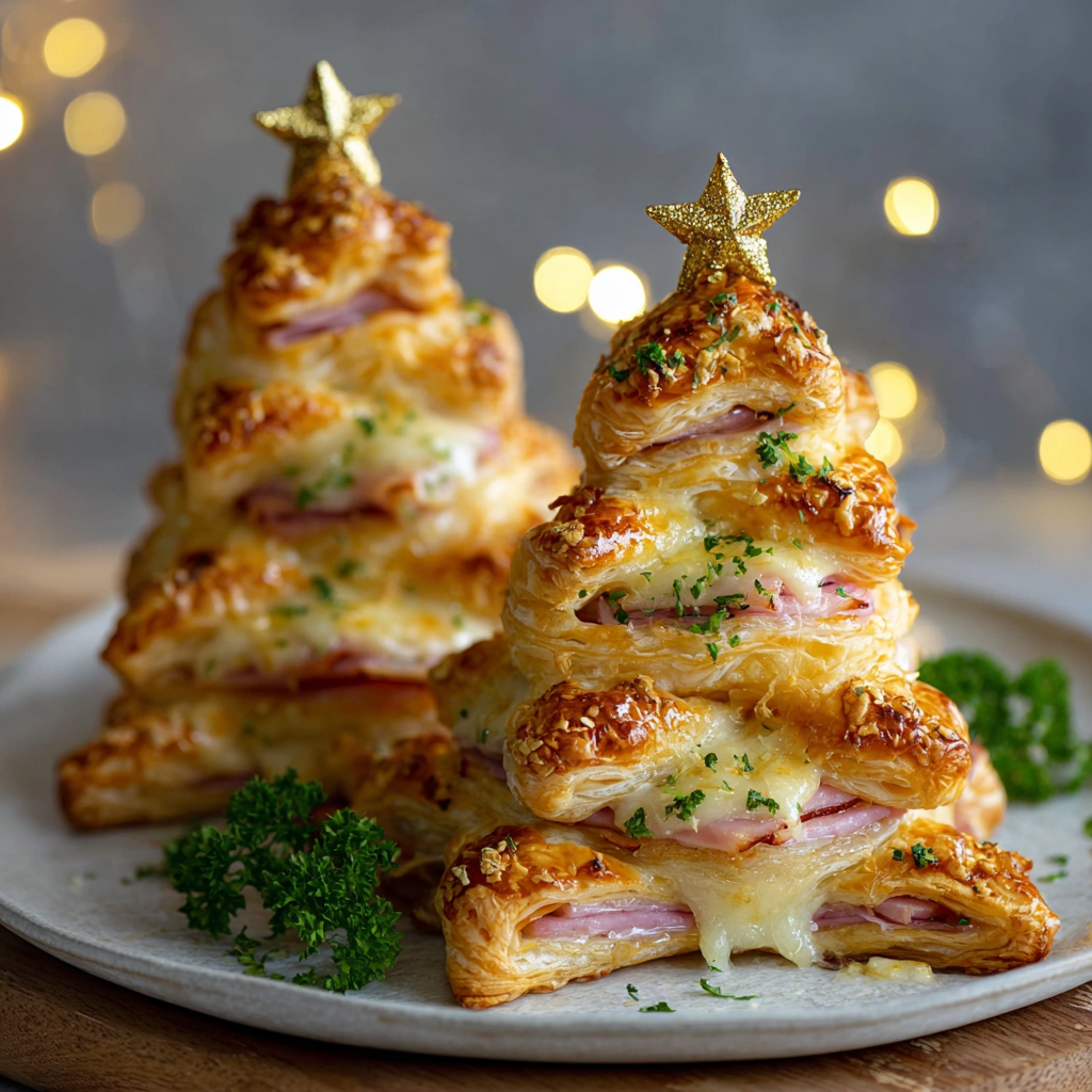 Assembled ham and cheese puff pastry trees on baking sheet