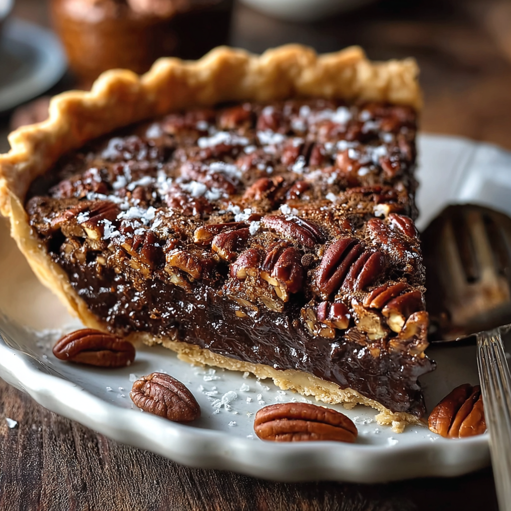 Texas Chocolate Pecan Pie whole on cooling rack