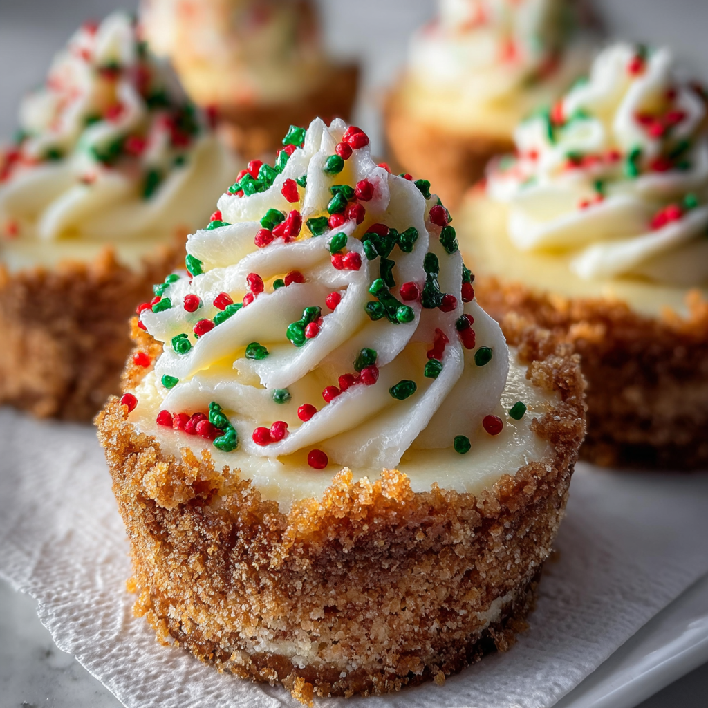 Close-up of decorated mini cheesecakes on a serving plate