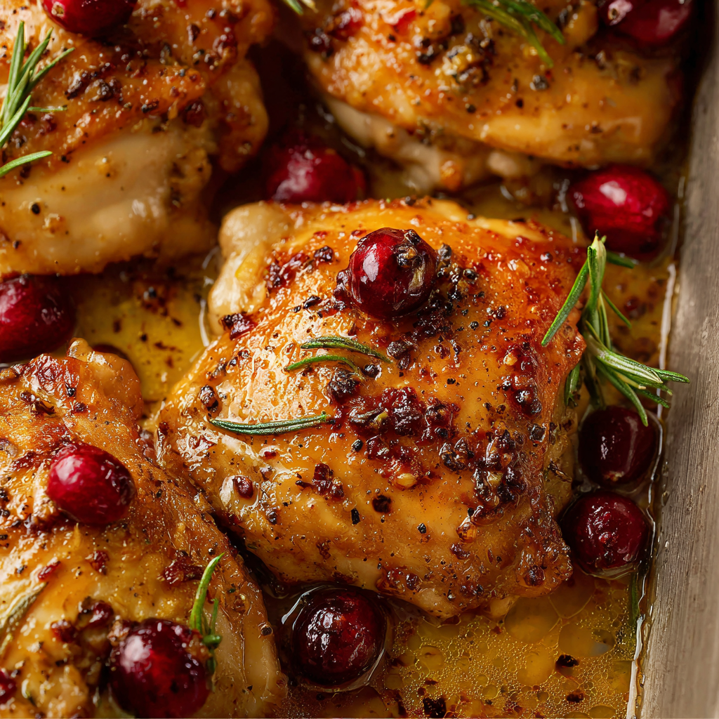 Chicken thighs in a baking dish with cranberries and rosemary