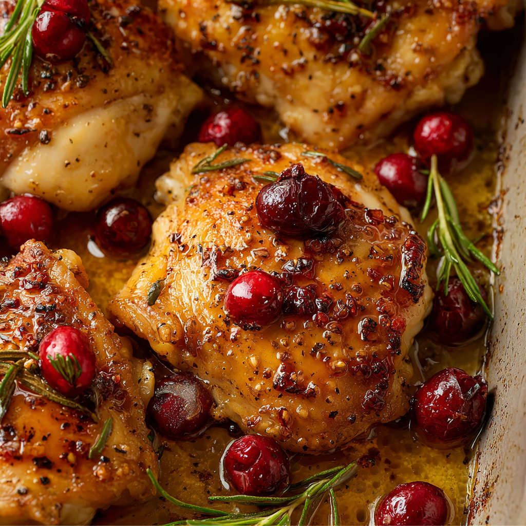Close up of glazed cranberry rosemary chicken