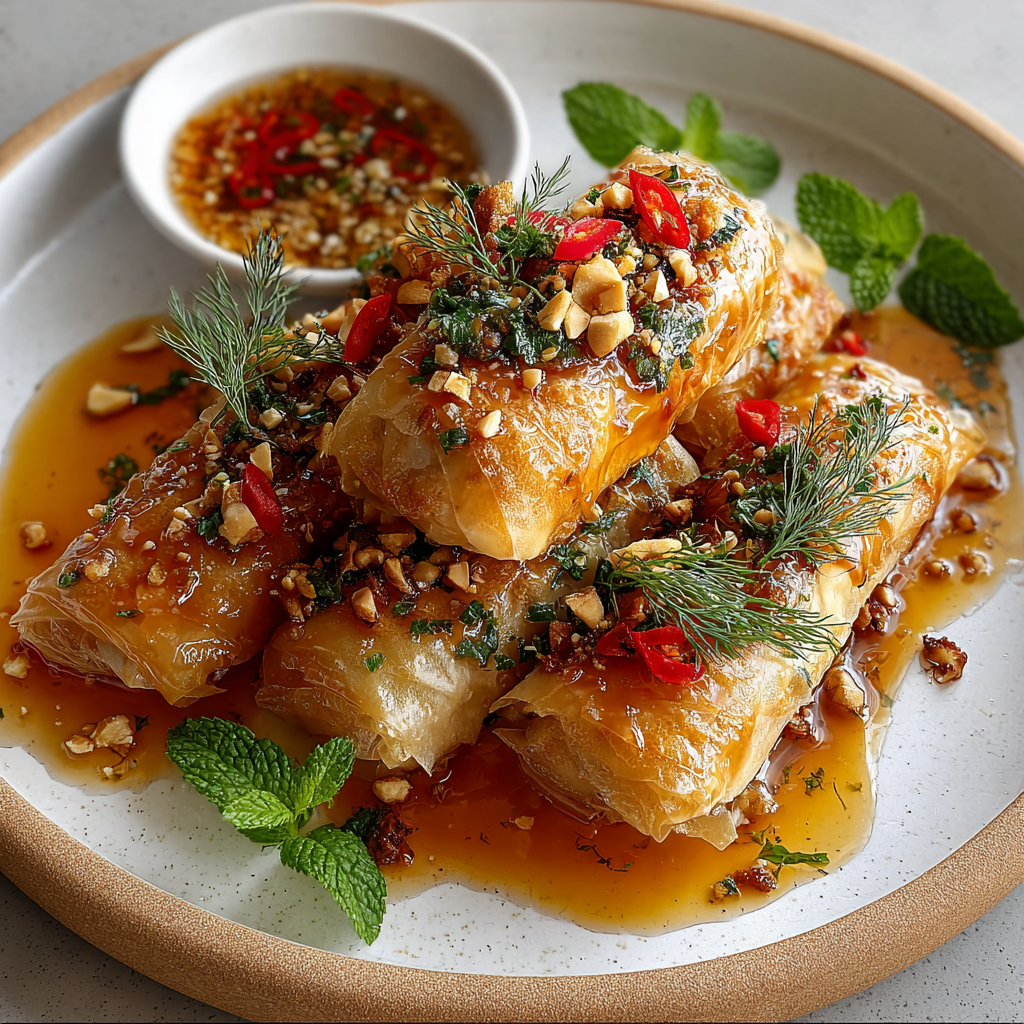 Close up of a feta roll drizzled with chili honey