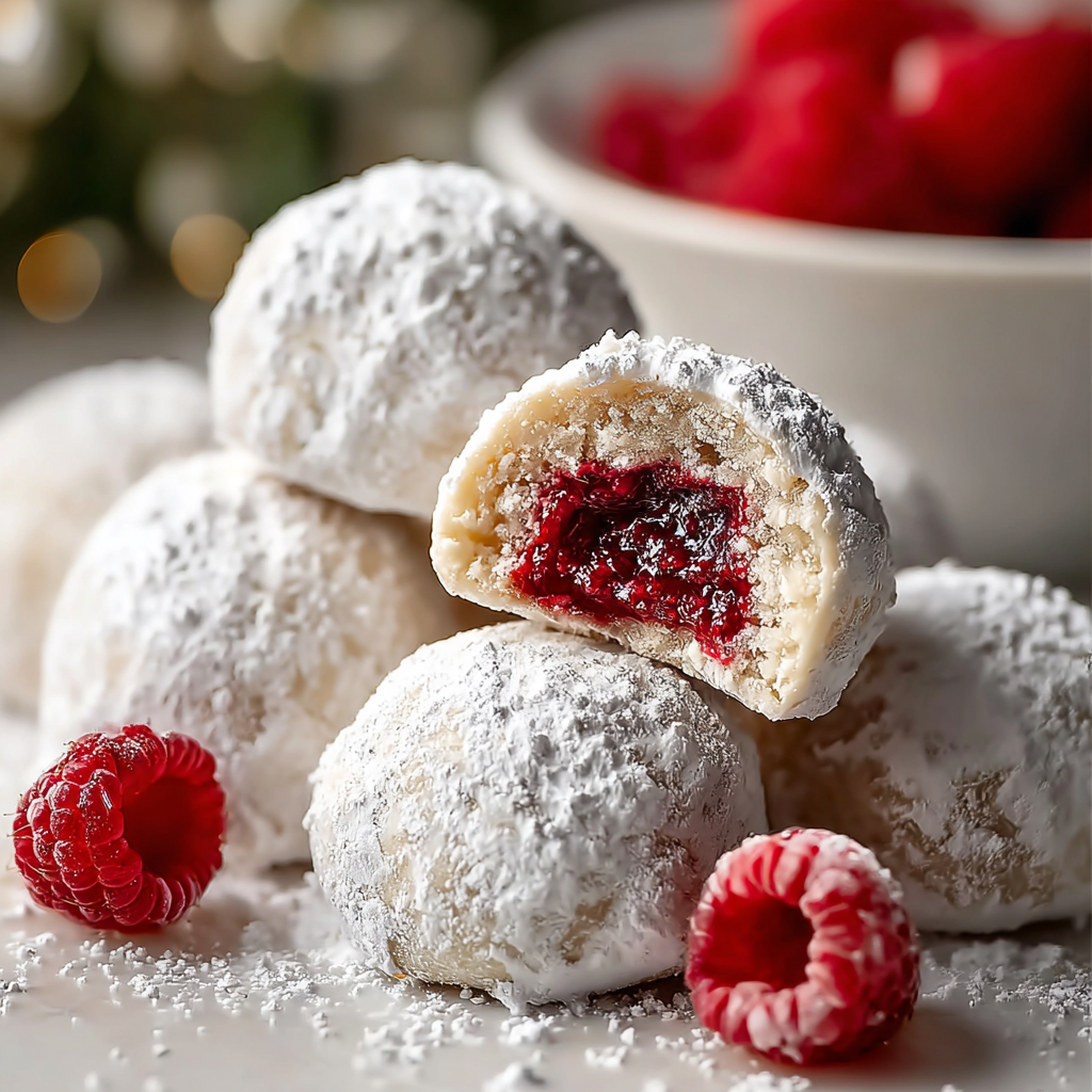 Raspberry Almond Snowball Cookies