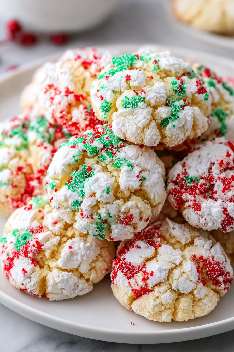 Close up of a powdered sugar coated cookie with sprinkles