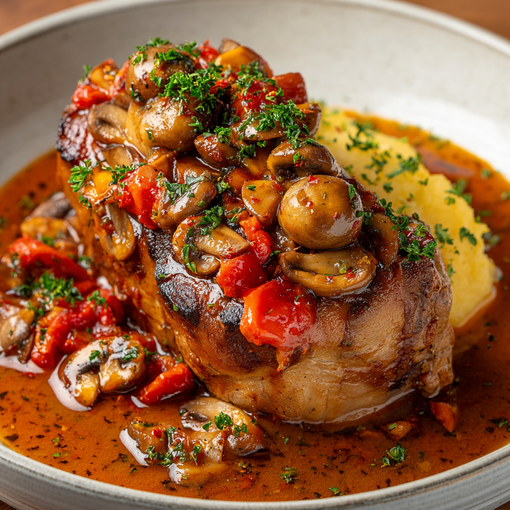 Porc braisé aux champignons et tomates