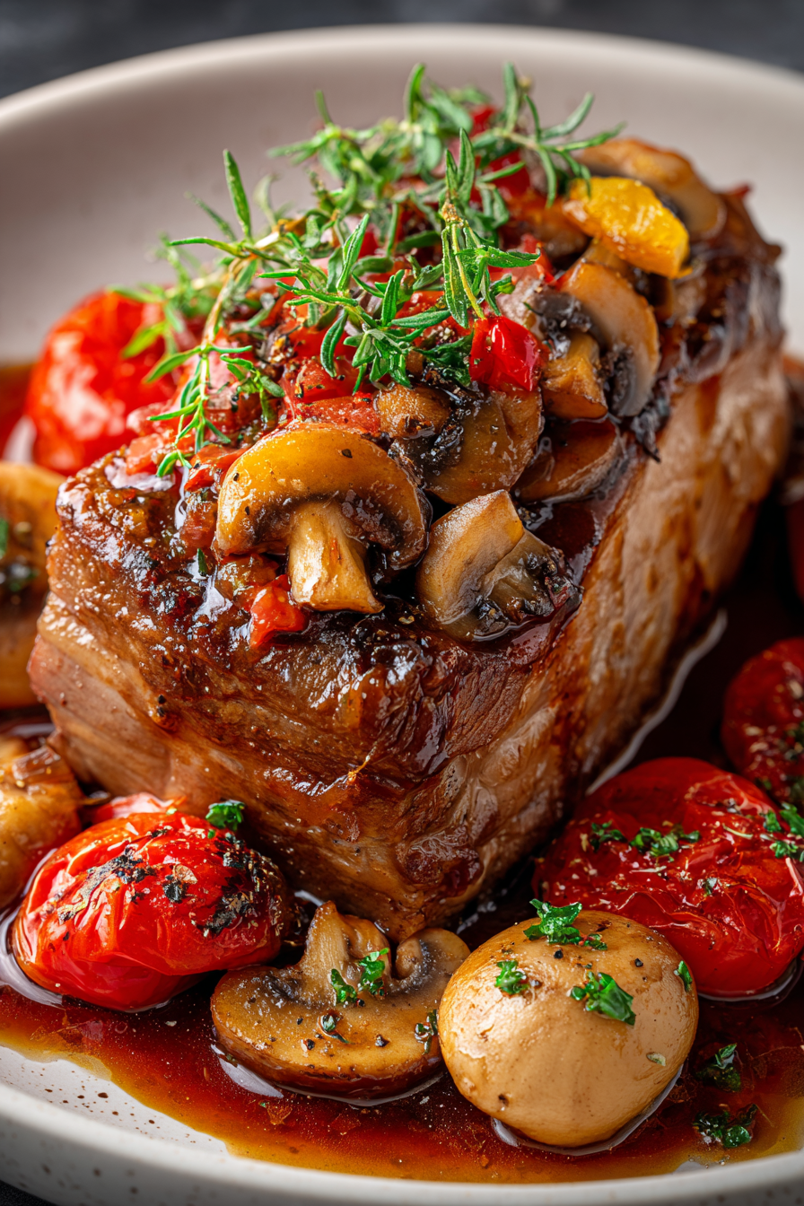 Porc braisé dans une cocotte, sauce tomate et champignons