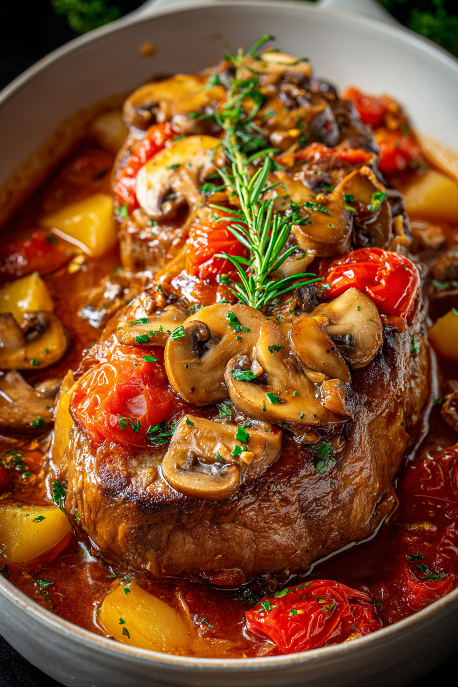 Assiette servie avec porc braisé, purée et légumes