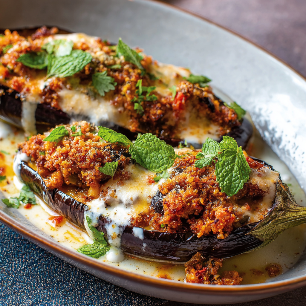 Aubergines farcies à l'agneau et chapelure au parmesan