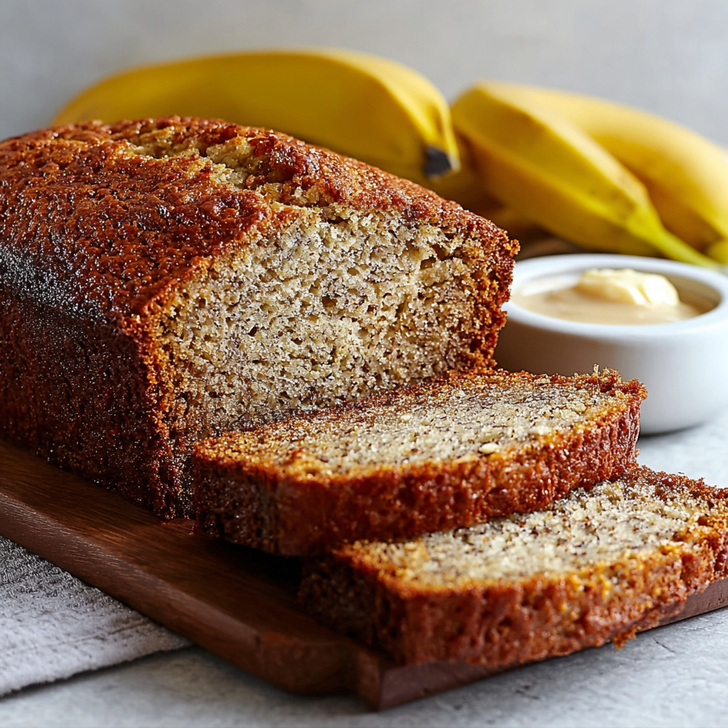 Loaf of moist banana bread cooling on a rack