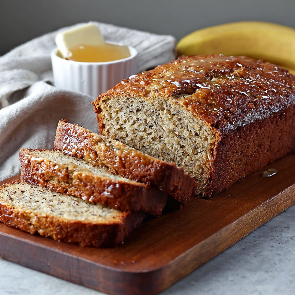 Slice of banana bread served on a plate