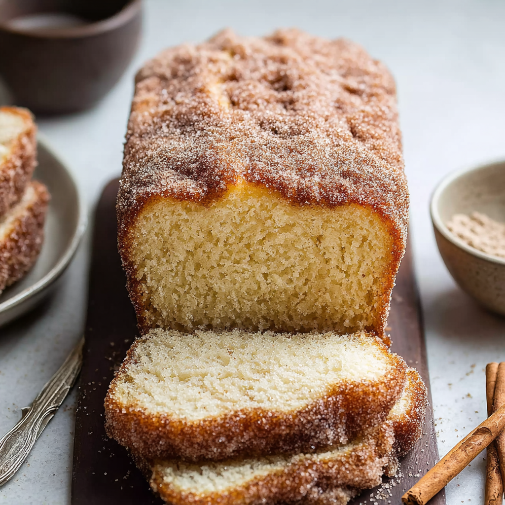 Freshly baked cinnamon sugar donut bread on a cooling rack
