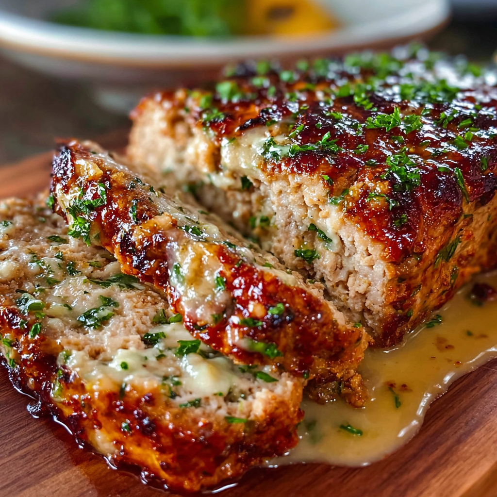 Garlic Parmesan chicken loaf in baking dish