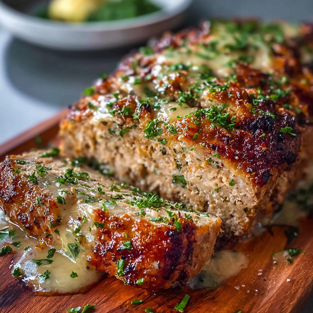 Sliced chicken Parmesan loaf on a serving plate