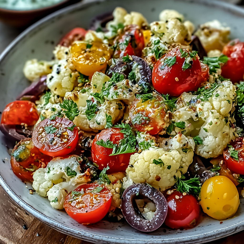 Marinated cauliflower salad in a bowl with tomatoes and olives